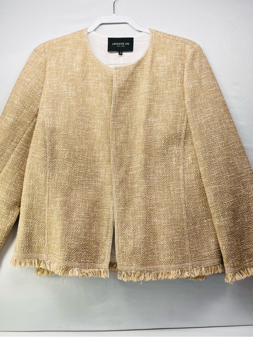 Lafayette 148 New York Cream Fringe-Hem Tweed Jacket